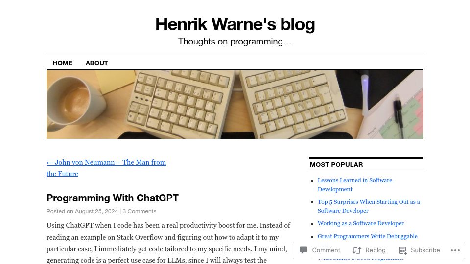Screenshot of henrikwarne.com: Programming with ChatGPT