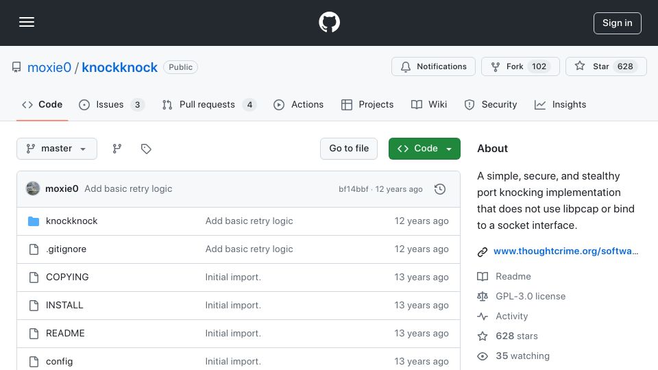 Screenshot of github.com: Knockknock: Simple, secure, and stealthy port knocking implementation (2012)