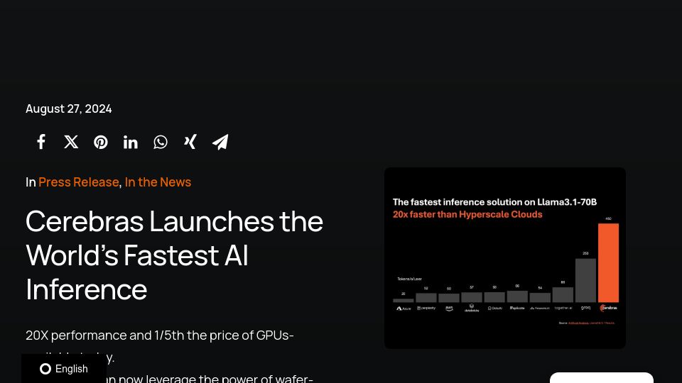 Screenshot of cerebras.ai: Cerebras Launches the Fastest AI Inference