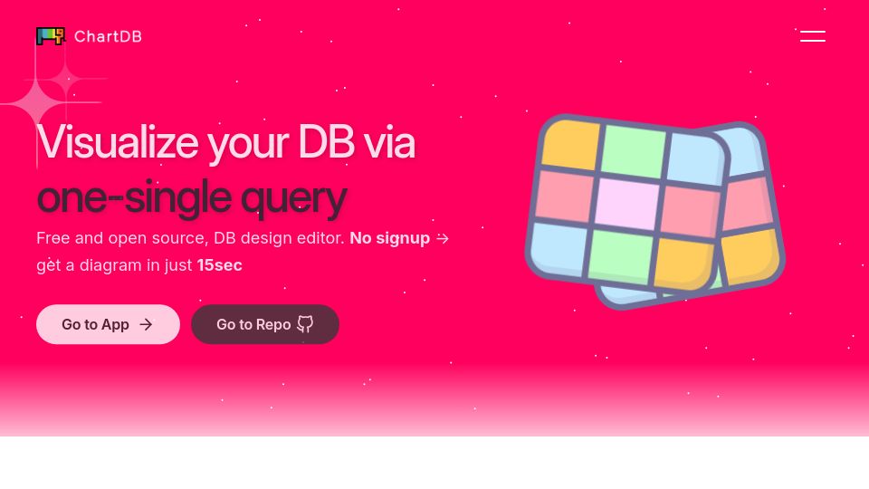 Screenshot of chartdb.io: ChartDB – Free and open source, database design editor