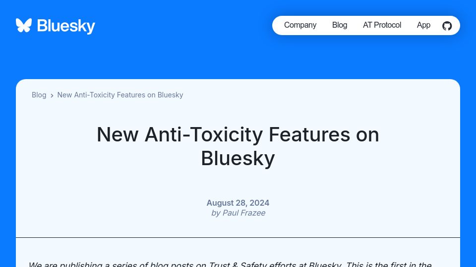 Screenshot of bsky.social: New Anti-Toxicity Features on Bluesky