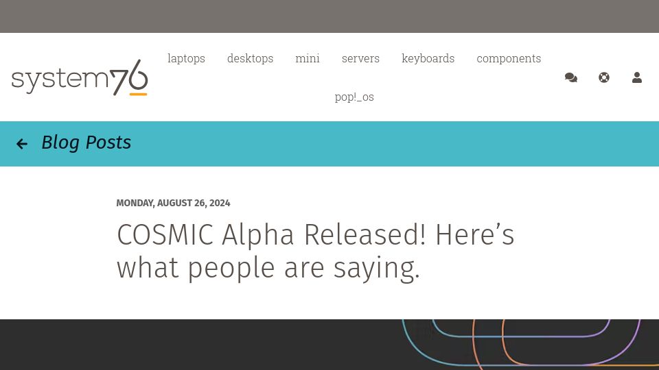 Screenshot of blog.system76.com: COSMIC Alpha Released