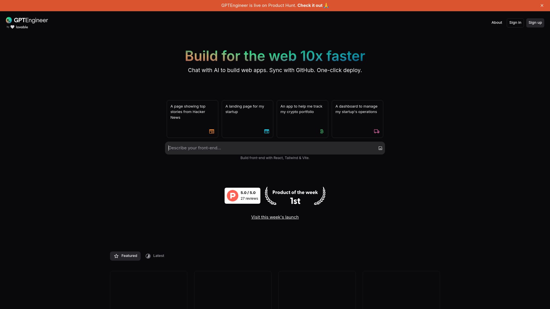 Screenshot of gptengineer.app: Show HN: Claude Artifacts but creating real web apps