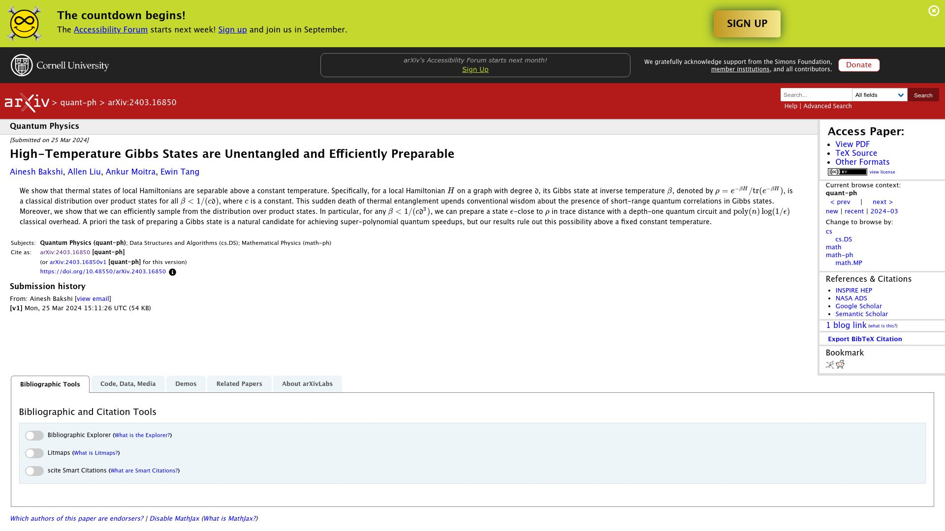 Screenshot of arxiv.org: High-temperature Gibbs states are unentangled and efficiently preparable