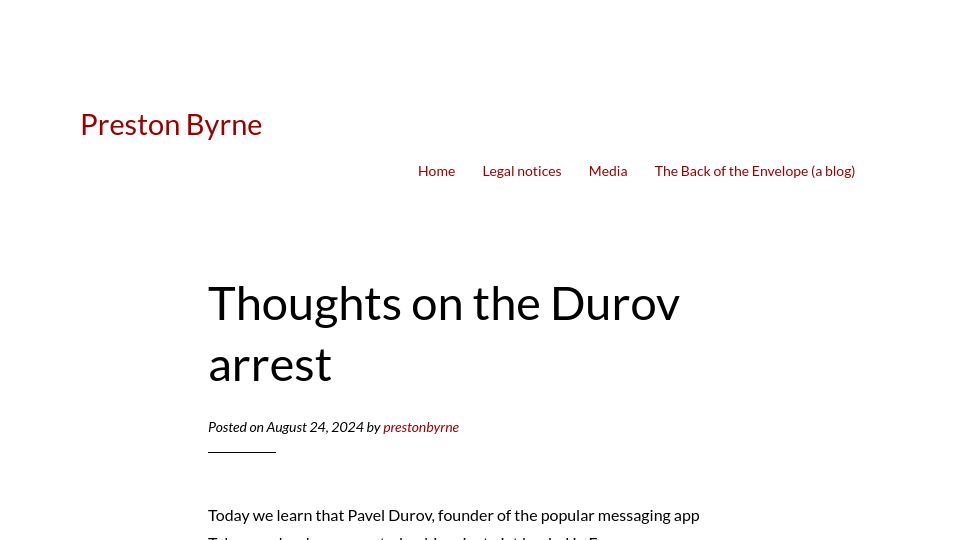 Screenshot of prestonbyrne.com: Thoughts on the Durov Arrest