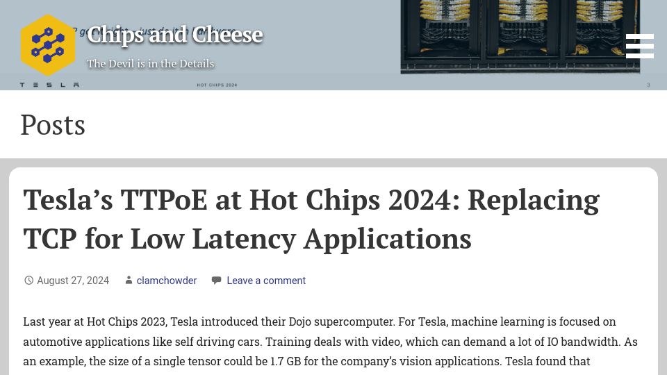 Screenshot of chipsandcheese.com: Tesla’s TTPoE at Hot Chips 2024: Replacing TCP for Low Latency Applications