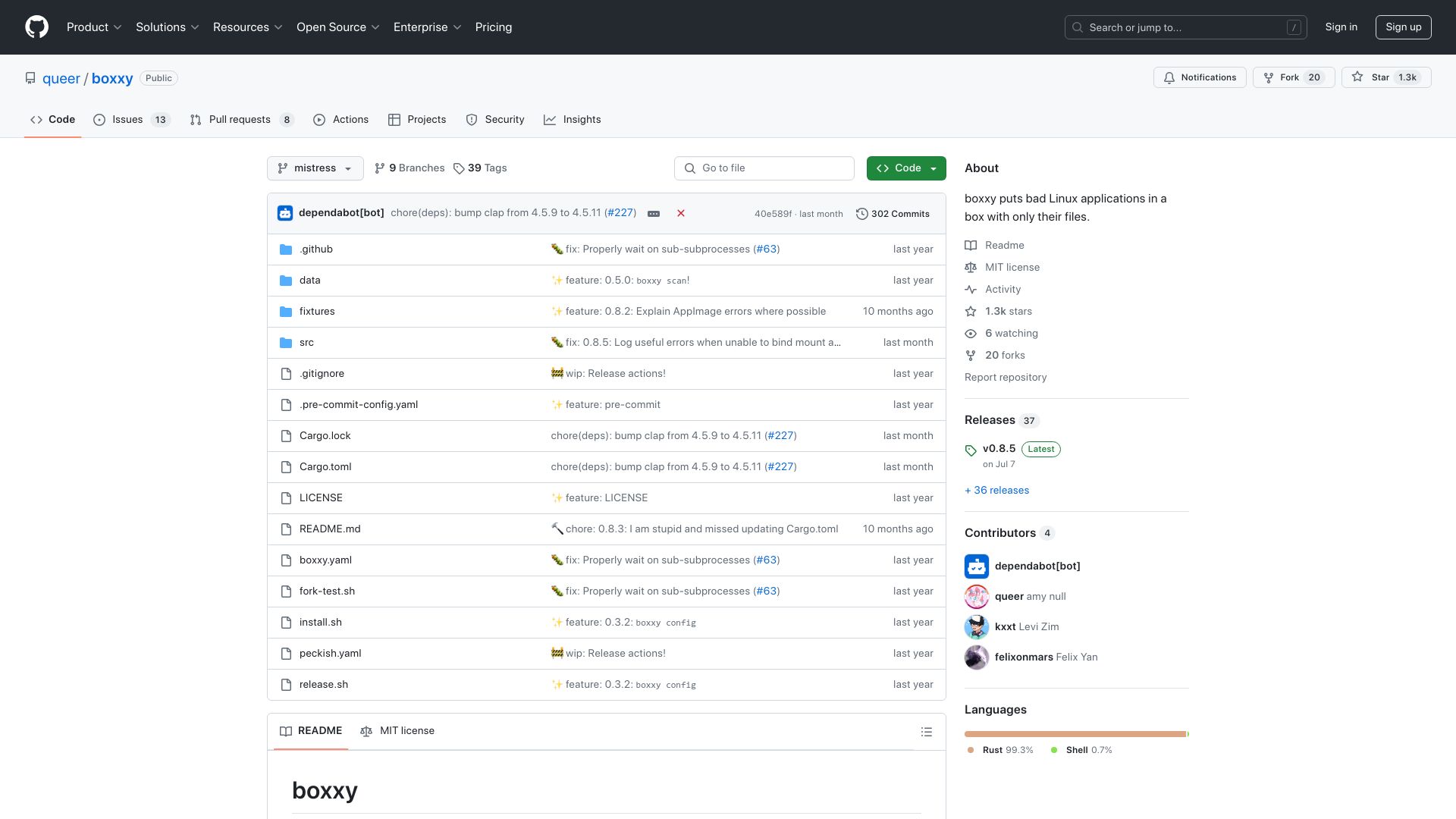Screenshot of github.com: Boxxy puts bad Linux applications in a box with only their files
