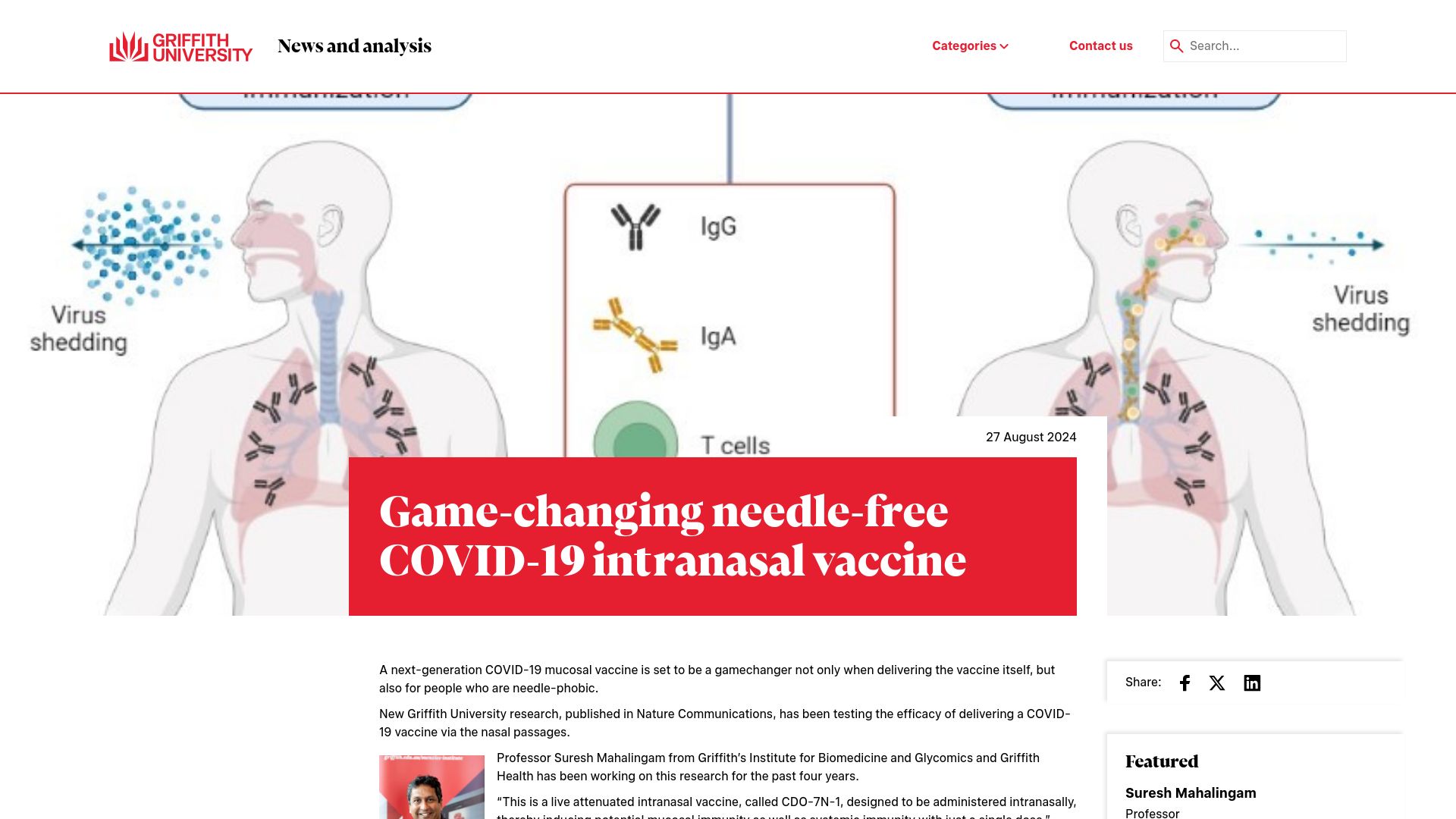 Screenshot of news.griffith.edu.au: Covid-19 Intranasal Vaccine