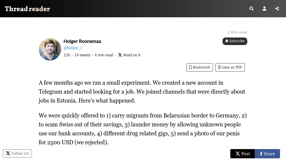 Screenshot of threadreaderapp.com: We created a new account in Telegram and started looking for a job in Estonia