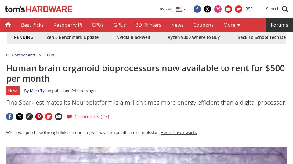 Screenshot of tomshardware.com: Human brain organoid bioprocessors now available to rent for $500 per month
