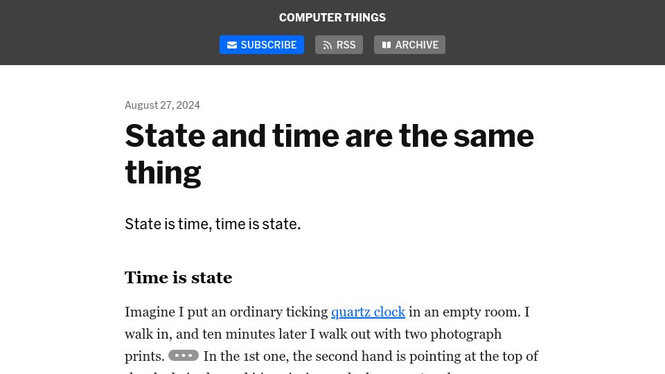 Screenshot of buttondown.com: State and time are the same thing