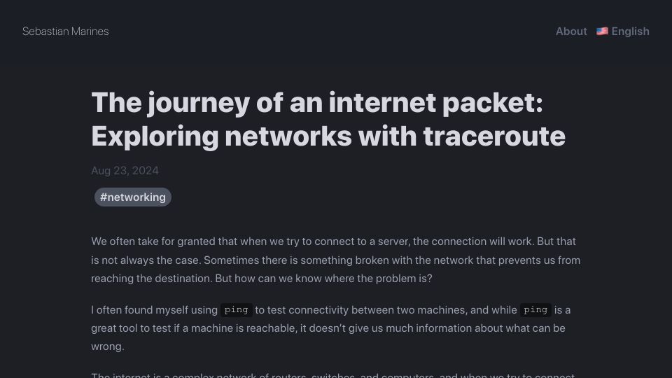 Screenshot of sebastianmarines.com: The journey of an internet packet: Exploring networks with traceroute