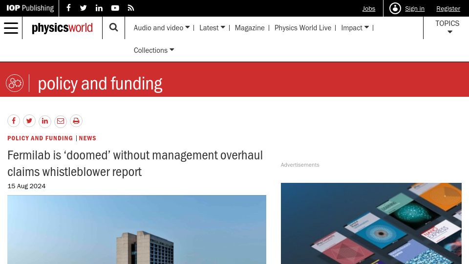 Screenshot of physicsworld.com: Fermilab is 'doomed' without management overhaul claims whistleblower report
