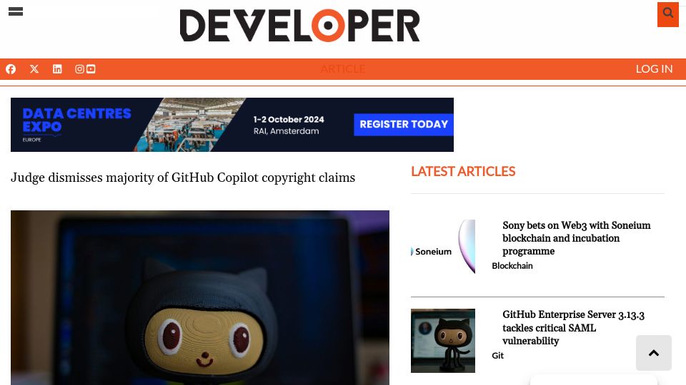 Screenshot of developer-tech.com: Judge dismisses majority of GitHub Copilot copyright claims