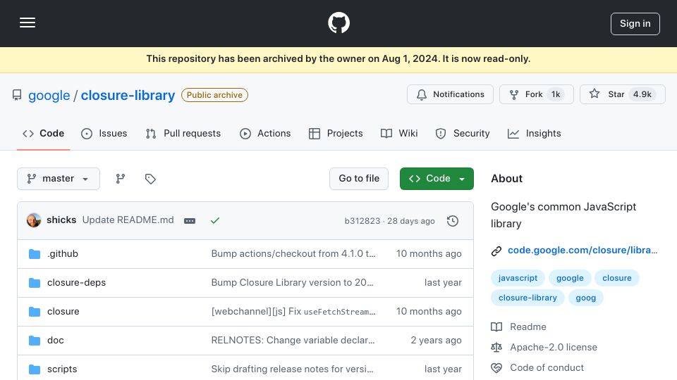 Screenshot of github.com: Google Closure Library has been archived