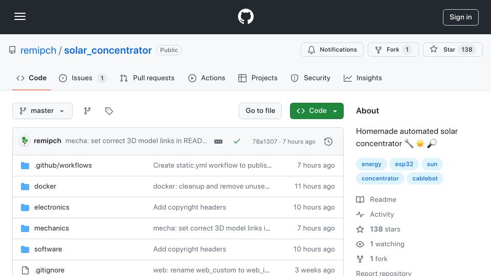 Screenshot of github.com: Show HN: Homemade automated solar concentrator
