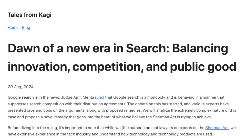 Screenshot of blog.kagi.com: Dawn of a new era in Search: Balancing innovation, competition, and public good