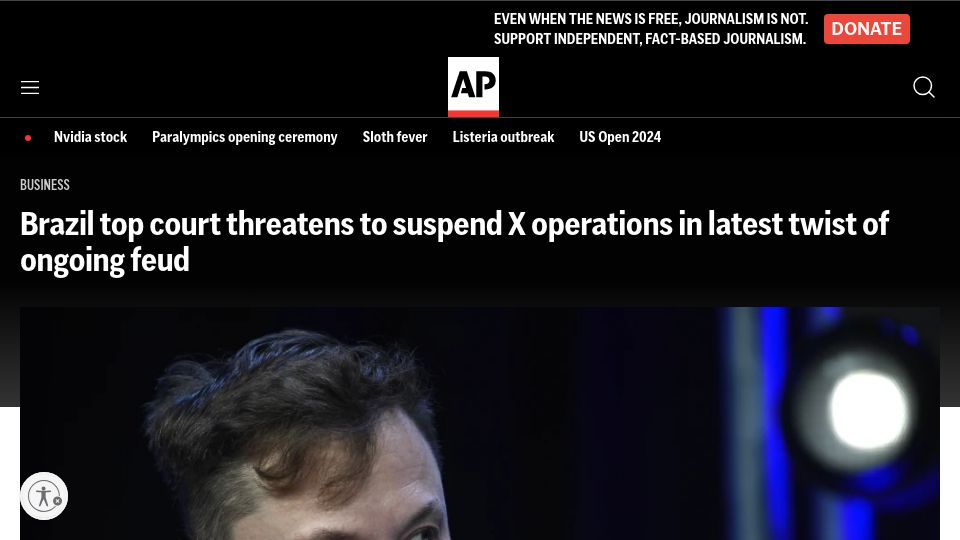 Screenshot of apnews.com: Brazil top court threatens to suspend X within 24 hours