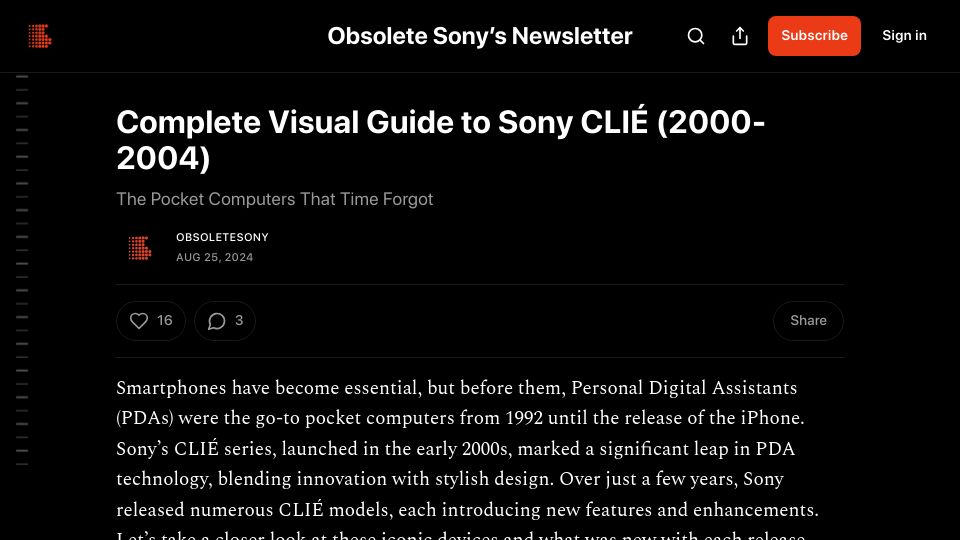Screenshot of obsoletesony.substack.com: Complete Visual Guide to Sony CLIÉ (2000-2004)