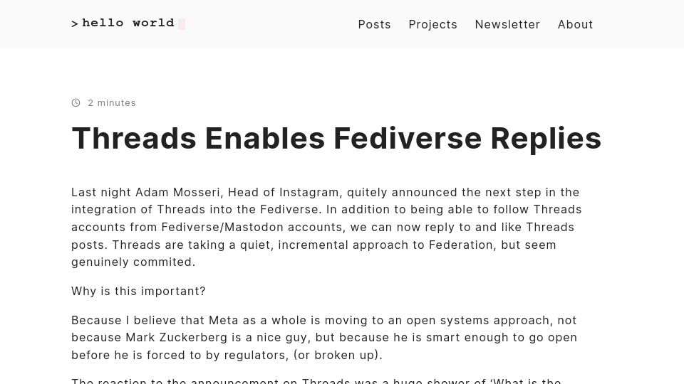 Screenshot of blog.karliner.net: Threads Enables Fediverse Replies