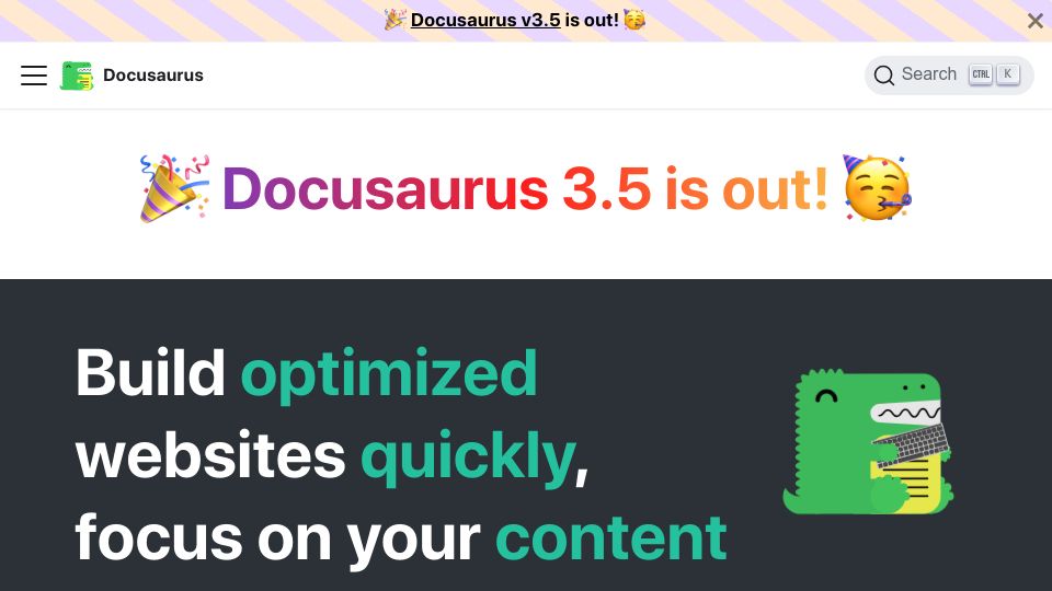 Screenshot of docusaurus.io: Docusaurus – Build optimized websites quickly, focus on your content