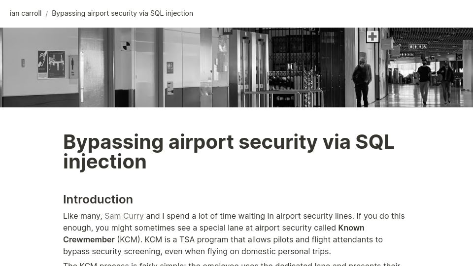 Screenshot of ian.sh: Bypassing airport security via SQL injection