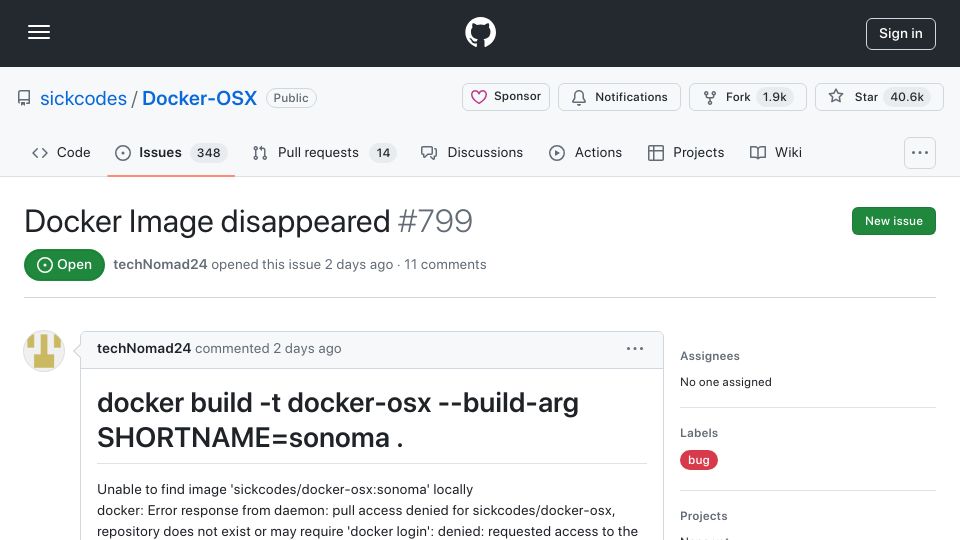 Screenshot of github.com: Docker-OSX image removed after Apple reports copyright infringement