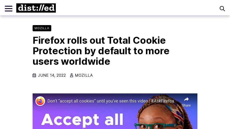 Screenshot of blog.mozilla.org: Firefox rolls out Total Cookie Protection by default to more users (2022)
