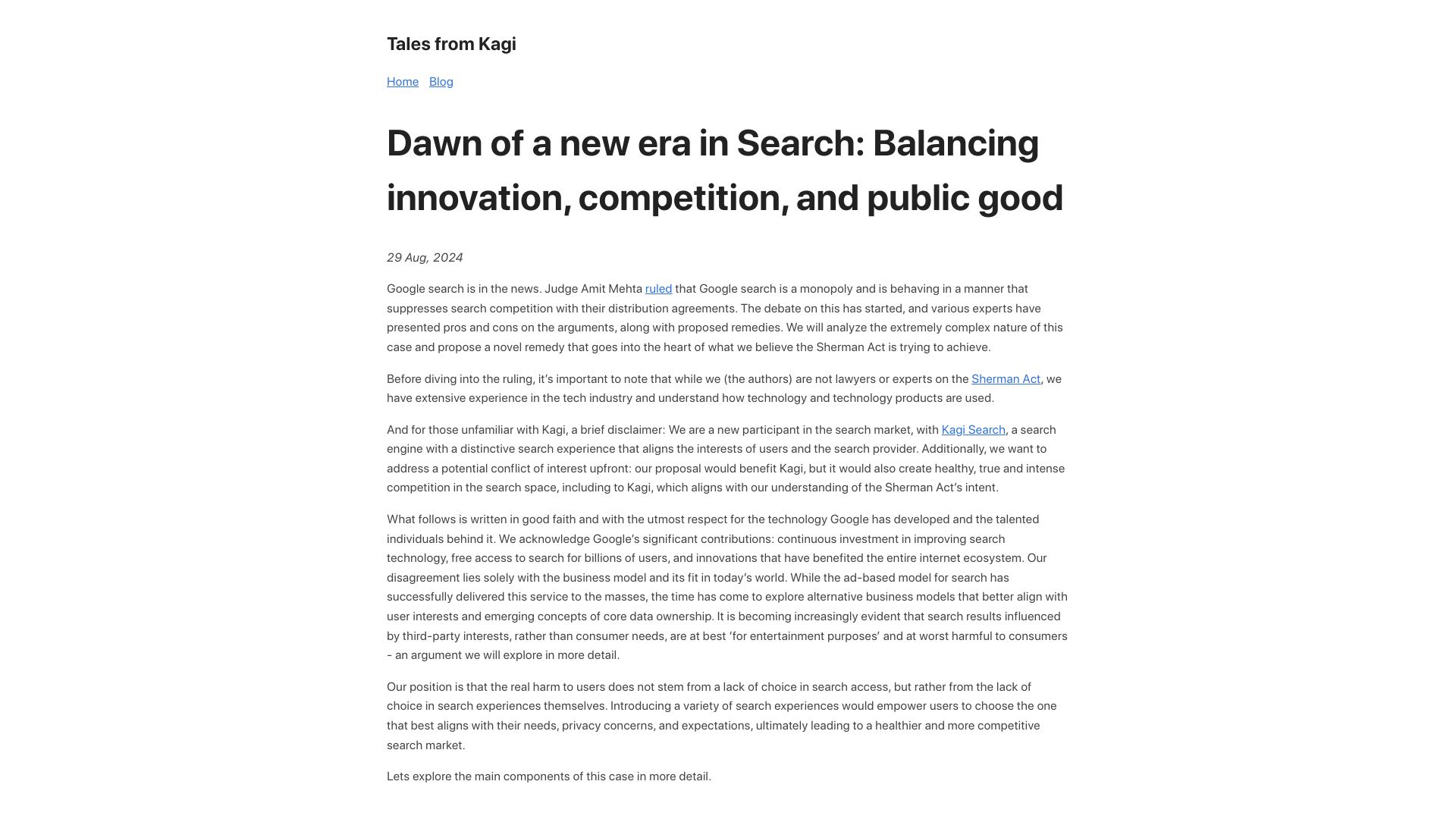 Screenshot of blog.kagi.com: Dawn of a new era in Search: Balancing innovation, competition, and public good