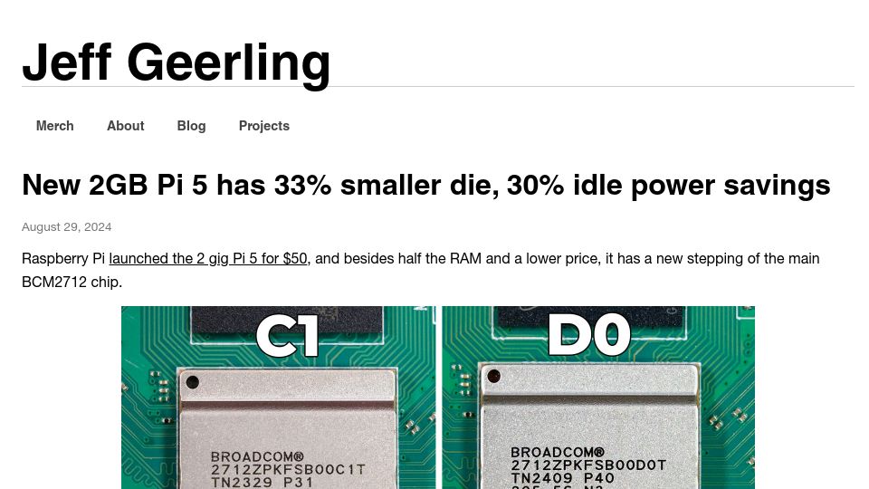 Screenshot of jeffgeerling.com: New 2GB Raspberry Pi 5 has 33% smaller die, 30% idle power savings