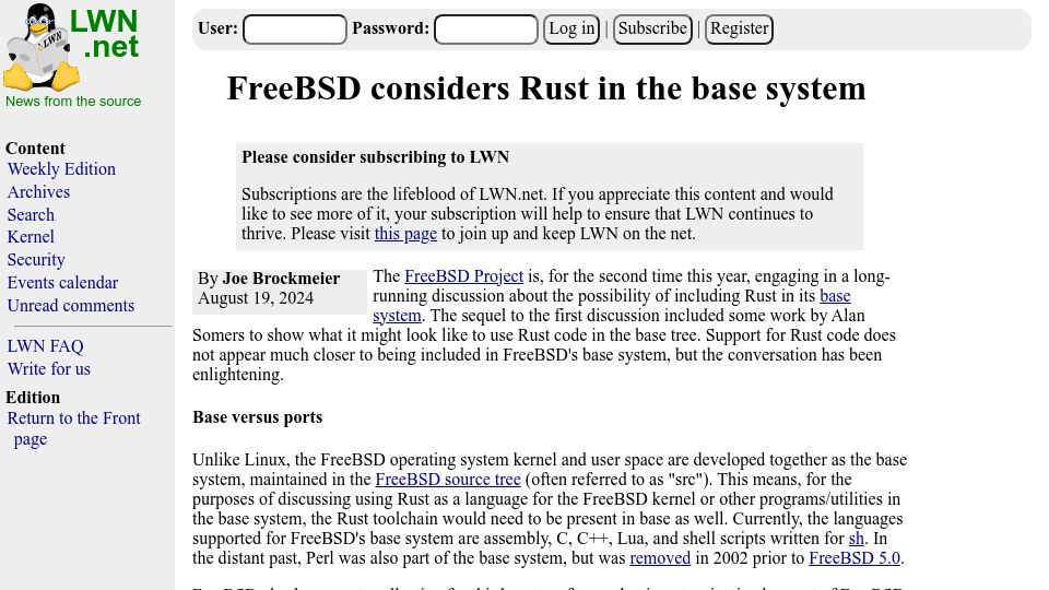 Screenshot of lwn.net: FreeBSD considers Rust in the base system