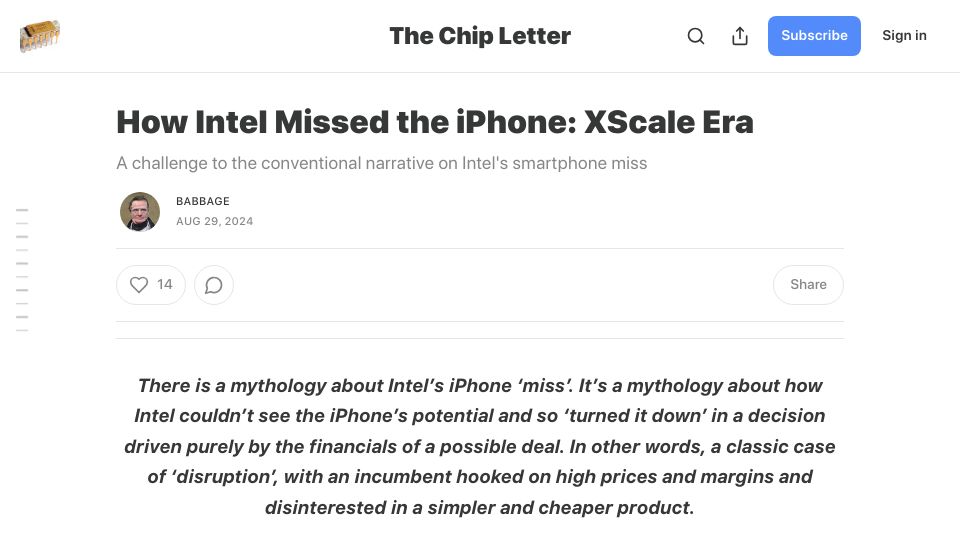 Screenshot of thechipletter.substack.com: How Intel Missed the iPhone: The XScale Era