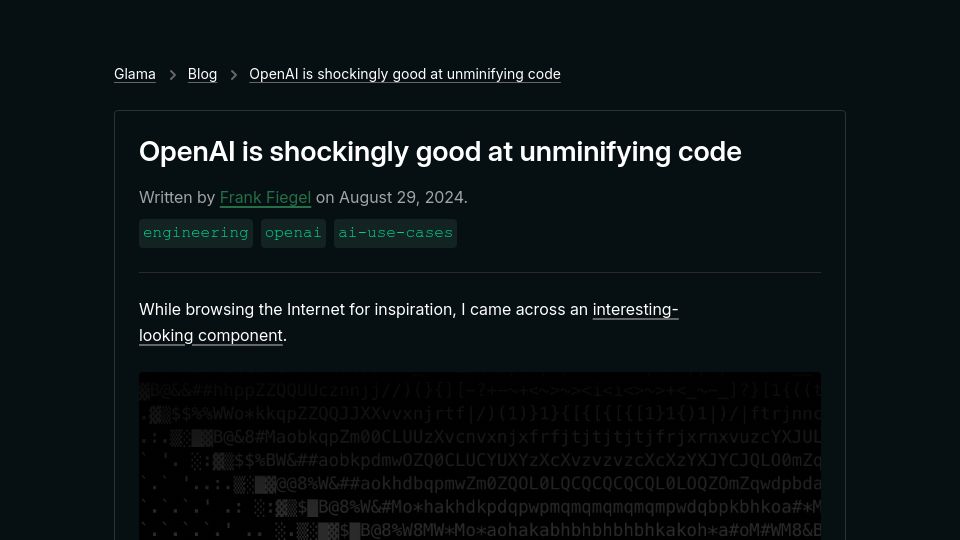 Screenshot of glama.ai: OpenAI is good at unminifying code
