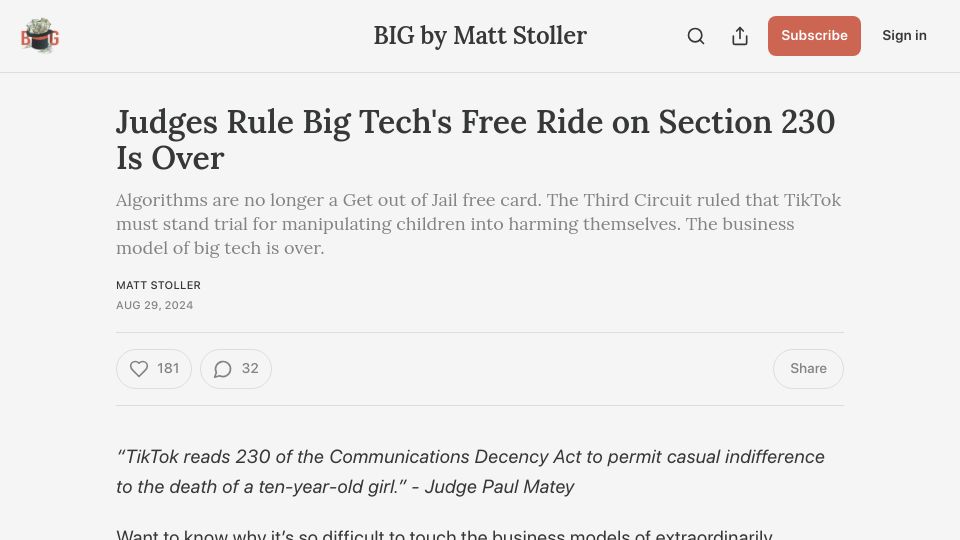 Screenshot of thebignewsletter.com: Judges rule Big Tech's free ride on Section 230 is over