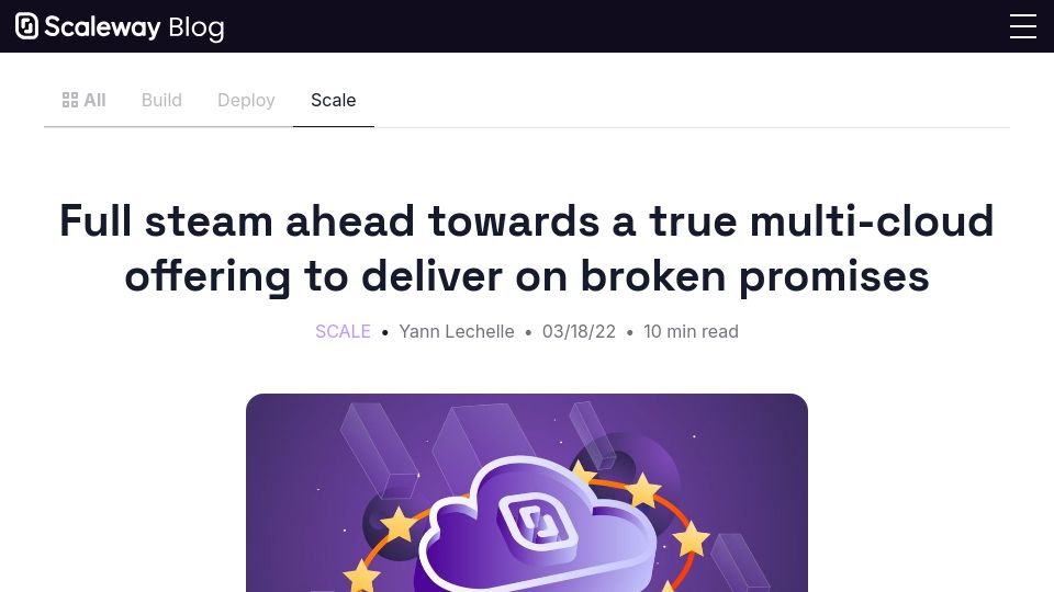 Screenshot of scaleway.com: Towards a true multi-cloud offering to deliver on broken promises