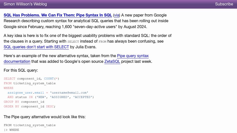 Screenshot of simonwillison.net: Google's new pipe syntax in SQL