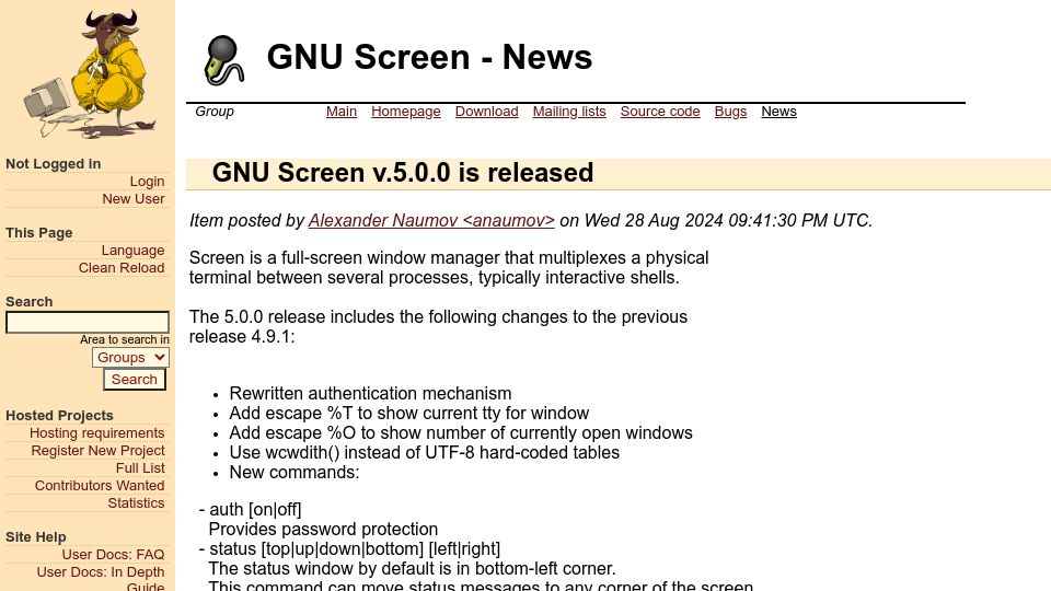 Screenshot of savannah.gnu.org: GNU Screen 5.0 Released