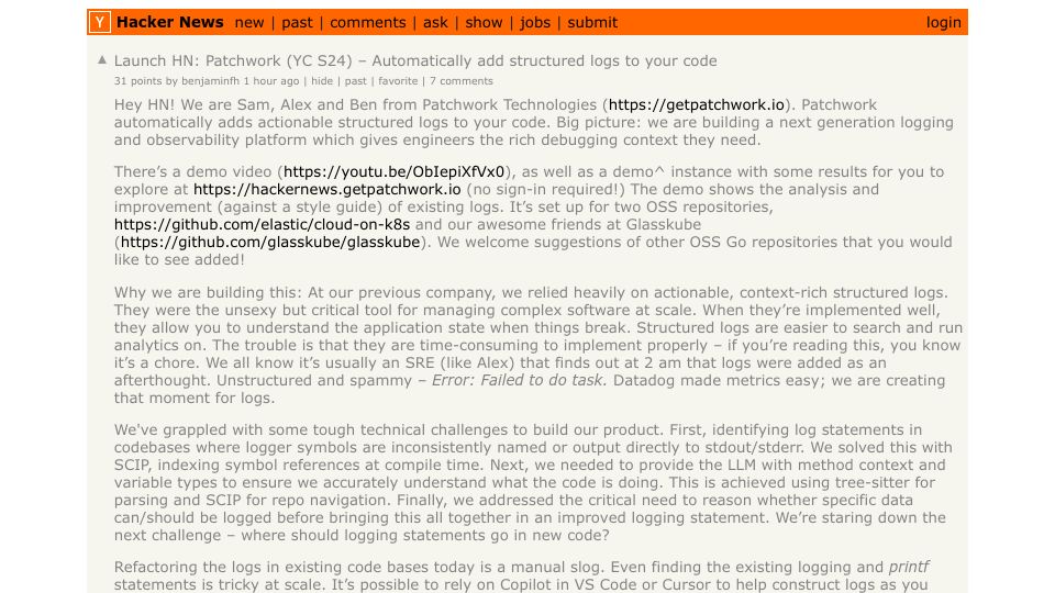 Screenshot of Hacker News post: Launch HN: Patchwork (YC S24) – Automatically add structured logs to your code
