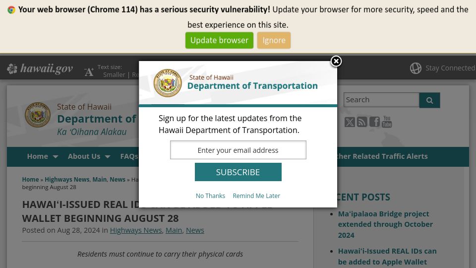 Screenshot of hidot.hawaii.gov: Hawai'i-Issued Real IDs Can Be Added to Apple Wallet Beginning August 28