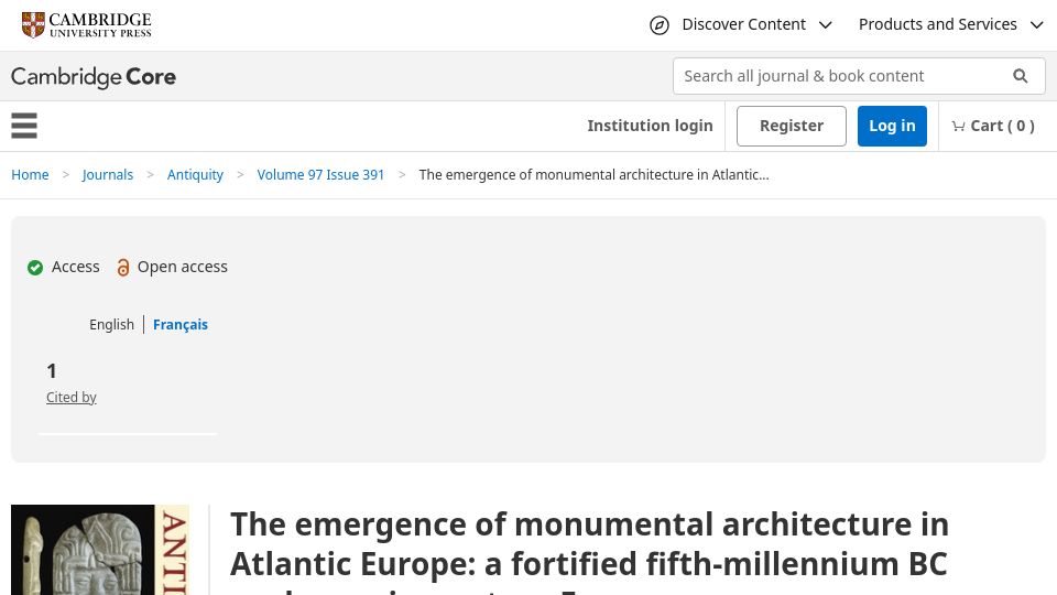 Screenshot of cambridge.org: Monumental architecture in Atlantic Europe: fifth-millennium BC enclosure