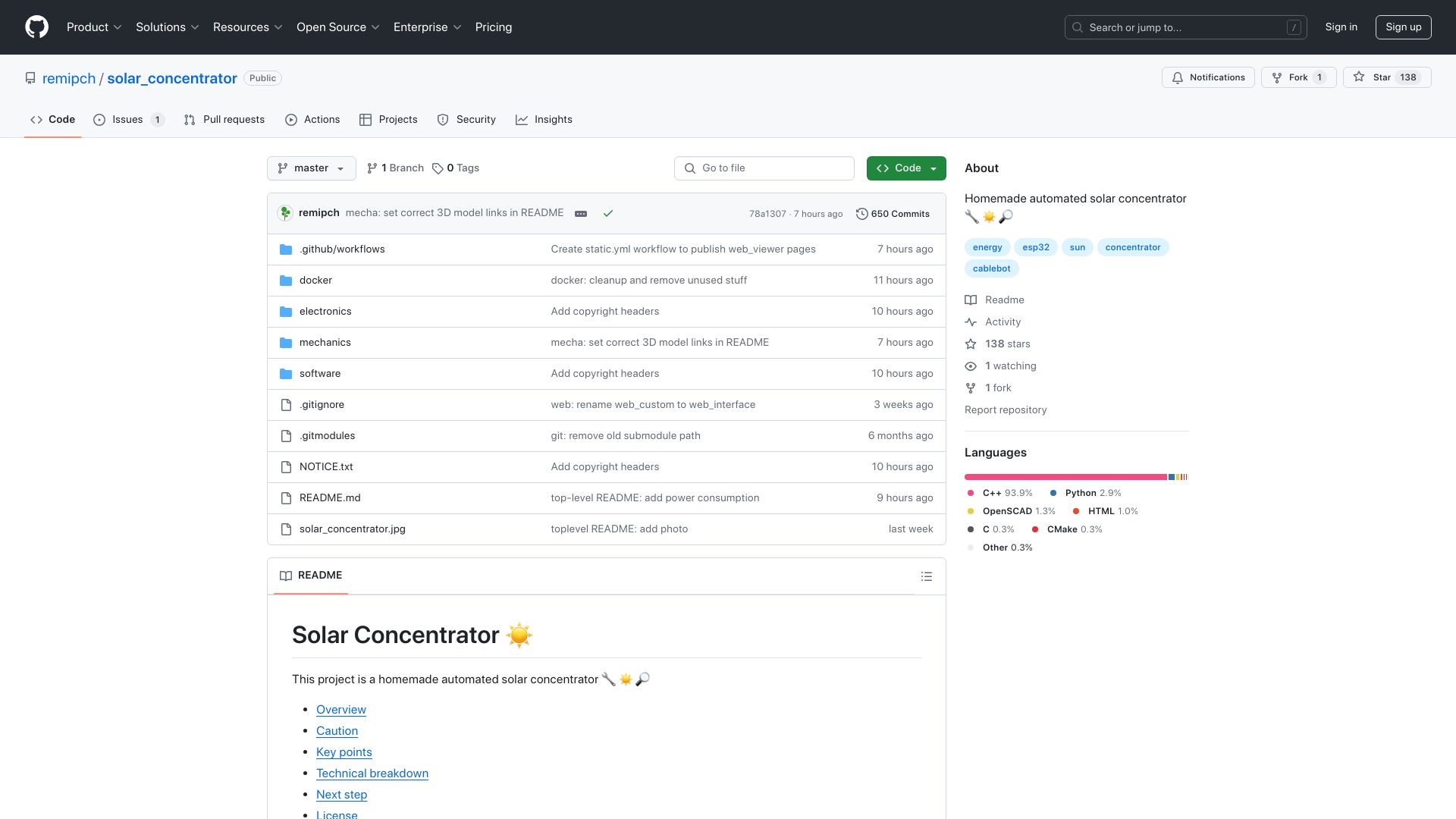 Screenshot of github.com: Show HN: Homemade automated solar concentrator