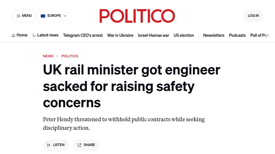Screenshot of politico.eu: UK rail minister got engineer sacked for raising safety concerns