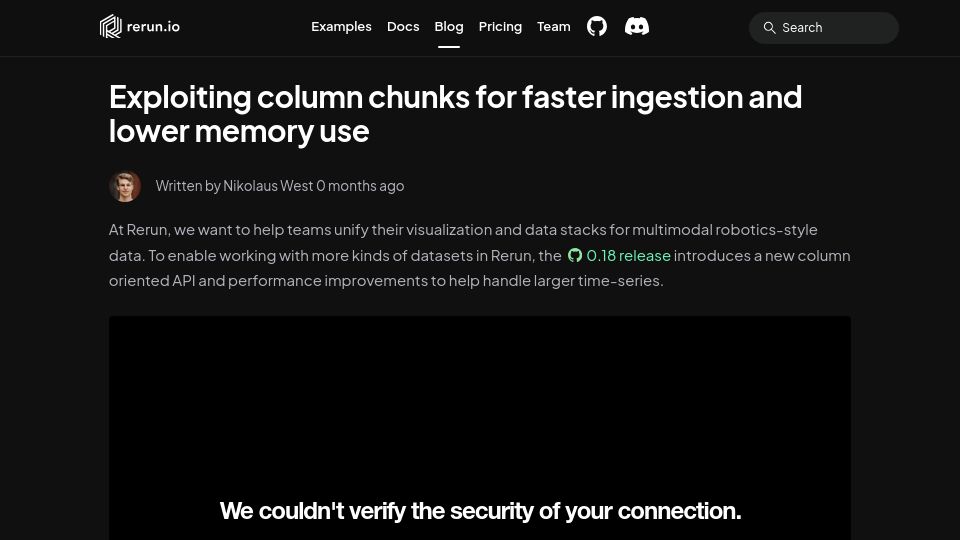 Screenshot of rerun.io: Exploiting column chunks for faster ingestion and lower memory use