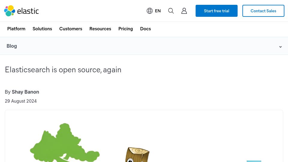 Screenshot of elastic.co: Elasticsearch is open source, again