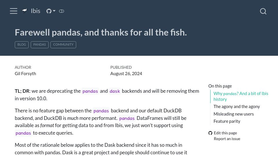 Screenshot of ibis-project.org: Farewell Pandas, and thanks for all the fish