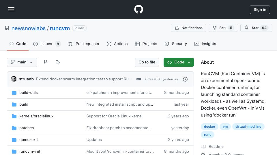 Screenshot of github.com: RunCVM: An open-source Docker runtime for launching container images in VMs