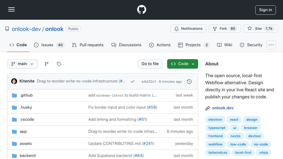 Screenshot of github.com: Show HN: An open-source, local-first Webflow for your own app