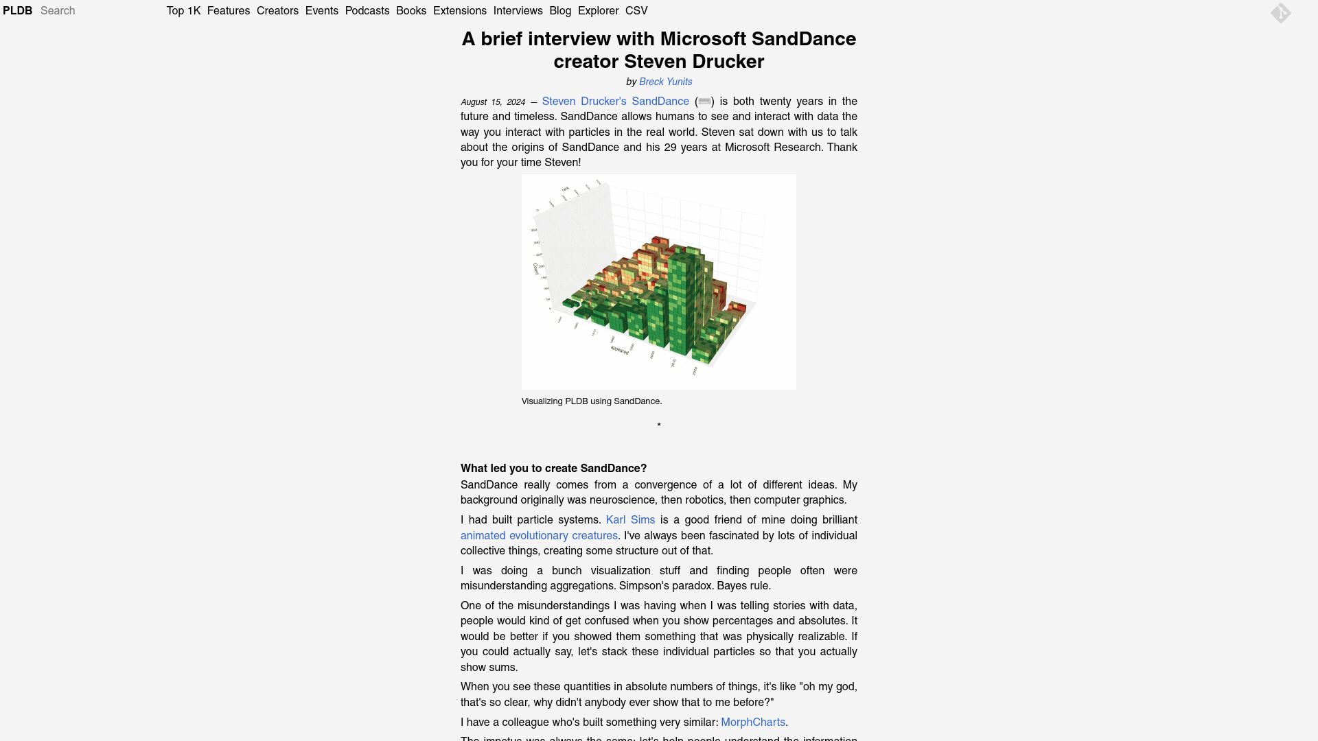 Screenshot of pldb.io: A brief interview with SandDance creator Steven Drucker