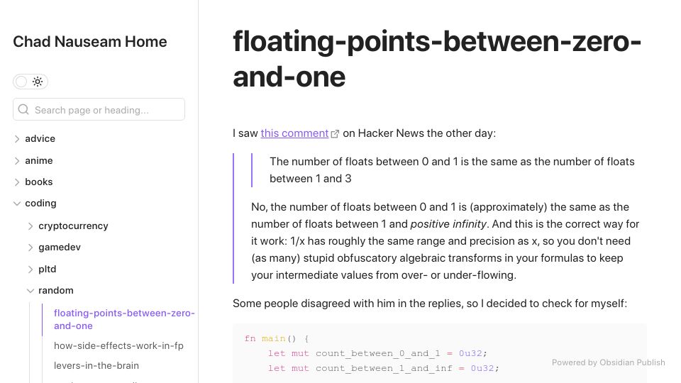 Screenshot of chadnauseam.com: Floating points between zero and one