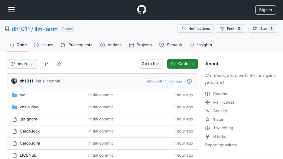 Screenshot of github.com: Show HN: LLM-Term – Simple Rust-based CLI assist tool